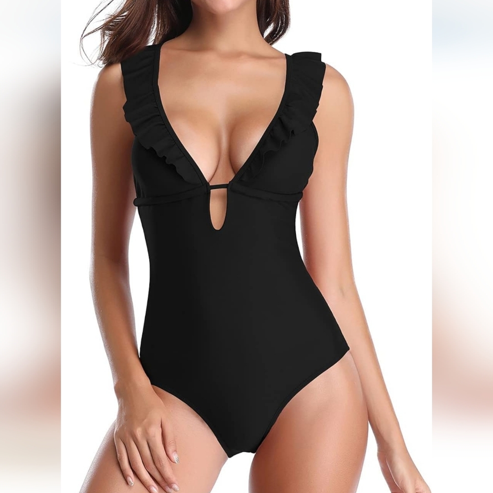 Elegant Black Ruffled Swimsuit